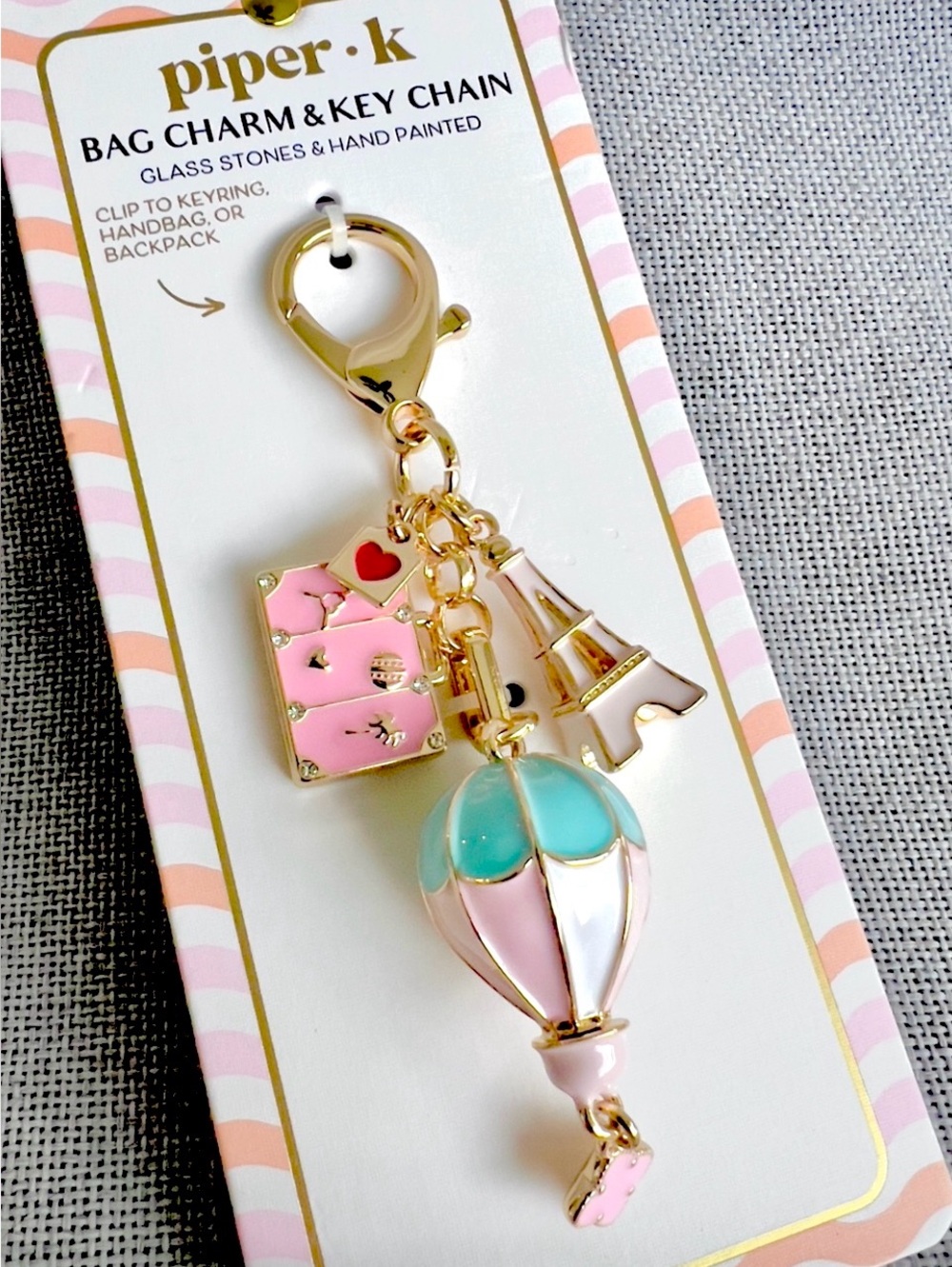 Piper K Eiffel Tower Hot Balloon Suite Case Paris Travel Key Fob Bag Charm
